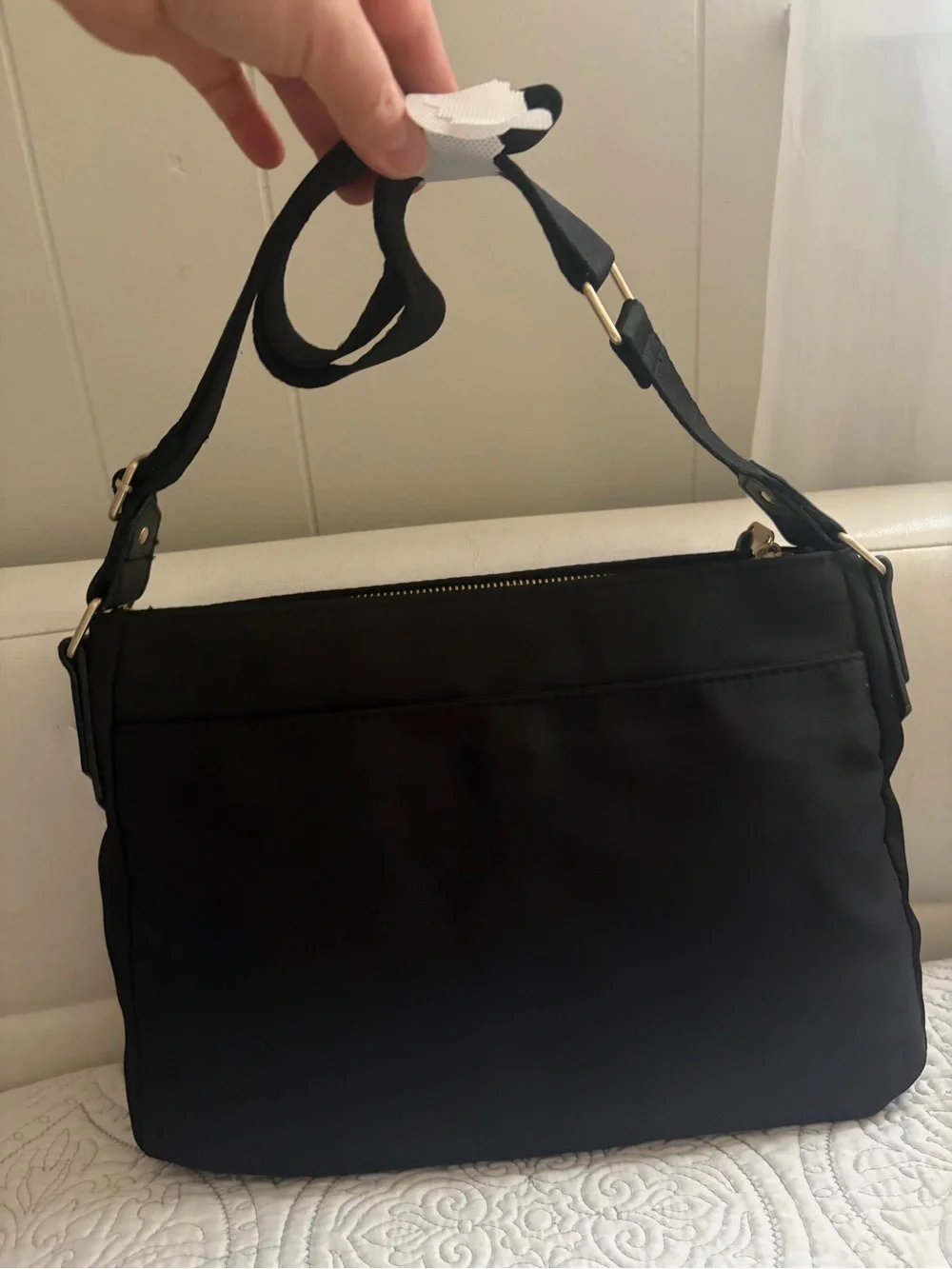Black Nylon Crossbody with Twin Front Pockets and Gold Hardware